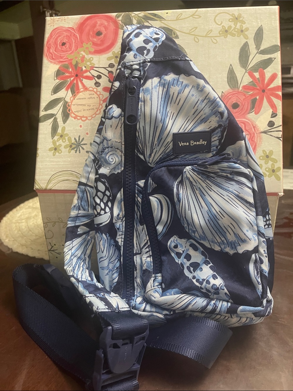 Vera Bradley Navy and Light Blue Shell Print Crossbody Sling Mini sling backpack